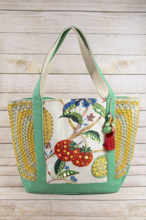 Tropical Fruit Print Sequin Crochet Panel Tote Bag