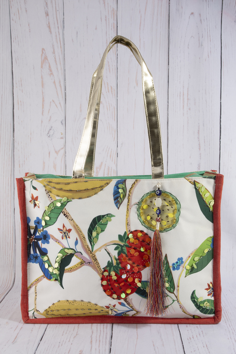 Botanical Print Sequin Embellished Canvas Tote Bag