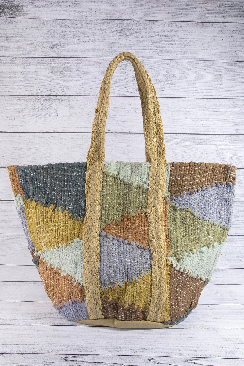 Patchwork Geometric Woven Jute Tote Bag