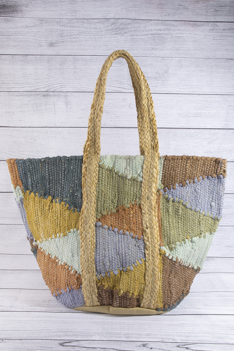 Patchwork Geometric Woven Jute Tote Bag