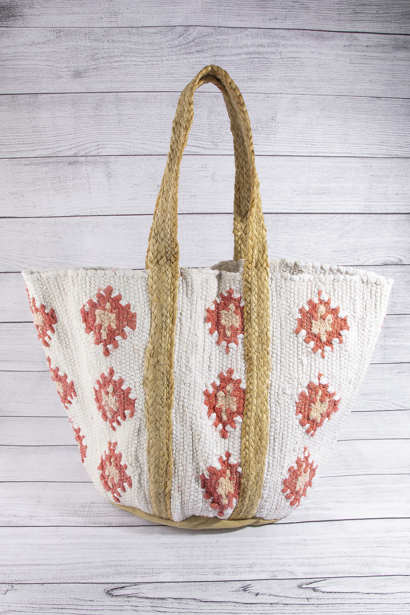 Floral Medallion Woven Knit Jute Tote Bag