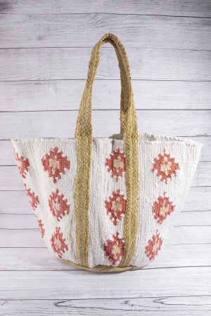 Floral Medallion Woven Knit Jute Tote Bag
