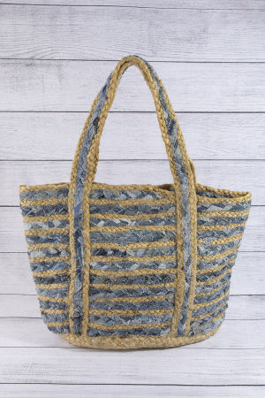Woven Jute Denim Stripe Panel Tote Bag