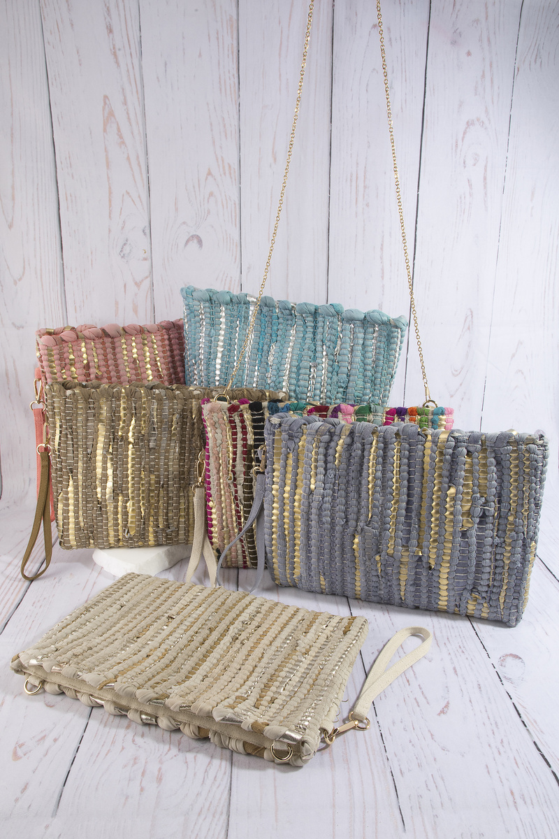 Woven Metallic Stripe Wristlet Clutch Bag