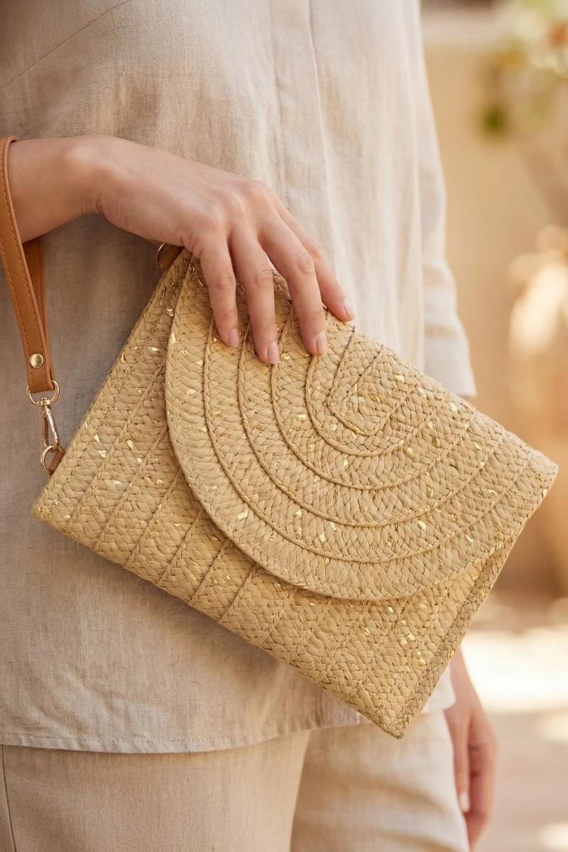 Straw Woven Gold Accents Clutch Bag