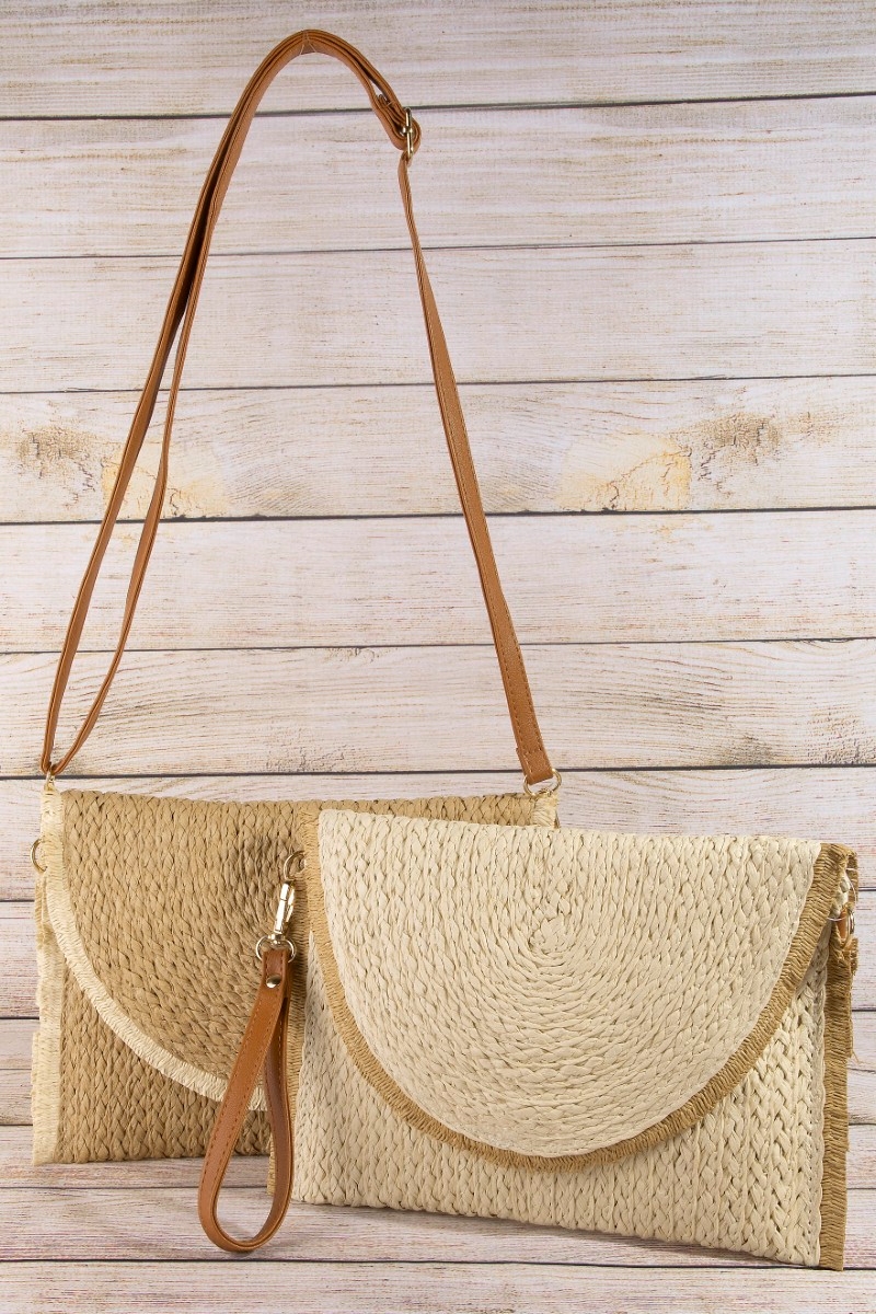 Fringed Trim Straw Clutch Bag