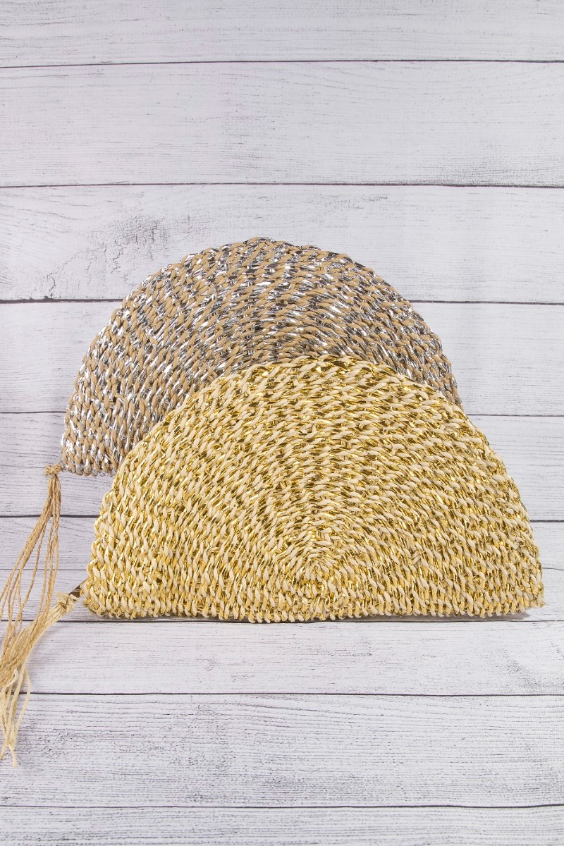 Metallic Straw Woven Half Moon Clutch Bag