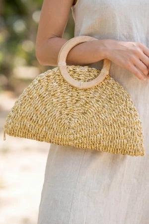 Metallic Straw Woven Half Moon Round Handle Bag