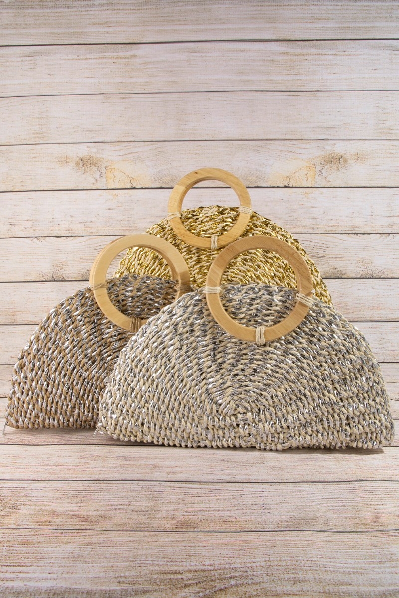 Metallic Straw Woven Half Moon Round Handle Bag
