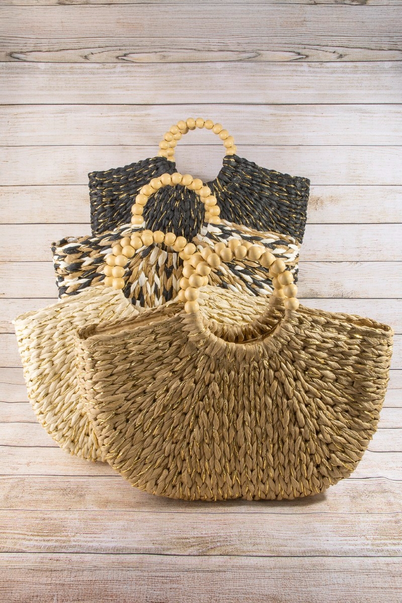 Straw Braided Half Moon Round Handle Tote Bag