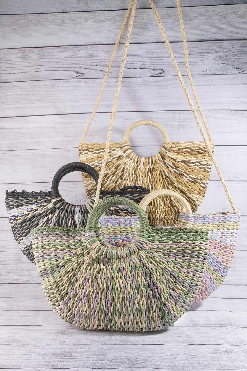 Multi Tone Straw Half Moon Round Handle Tote Bag
