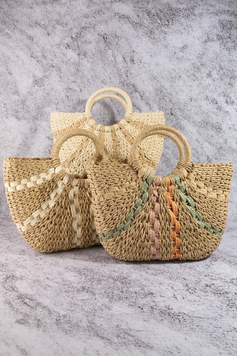Striped Straw Weave Round Rope Handle Tote Bag