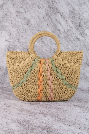 Striped Straw Weave Round Rope Handle Tote Bag