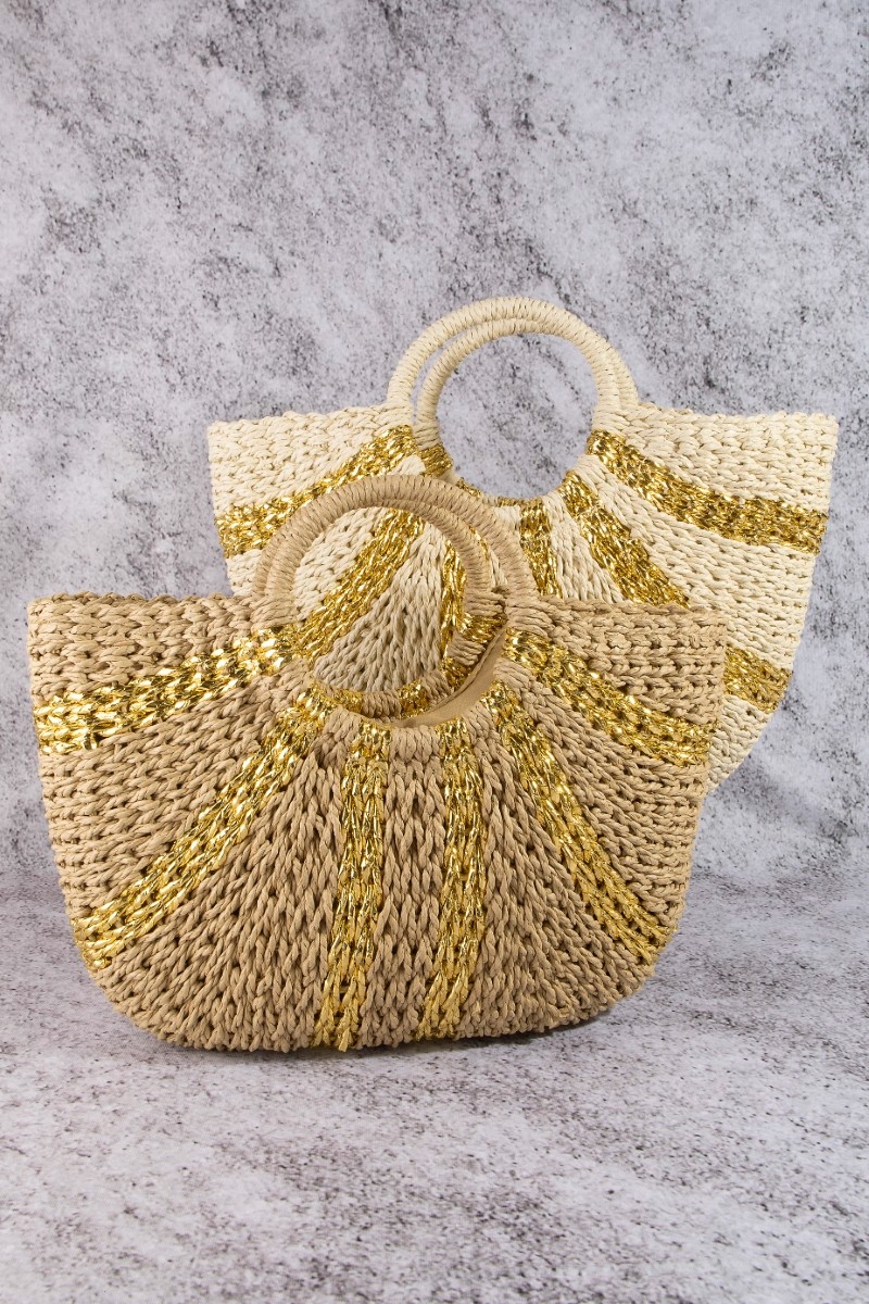 Gold Accent Straw Weave Half Moon Tote Bag