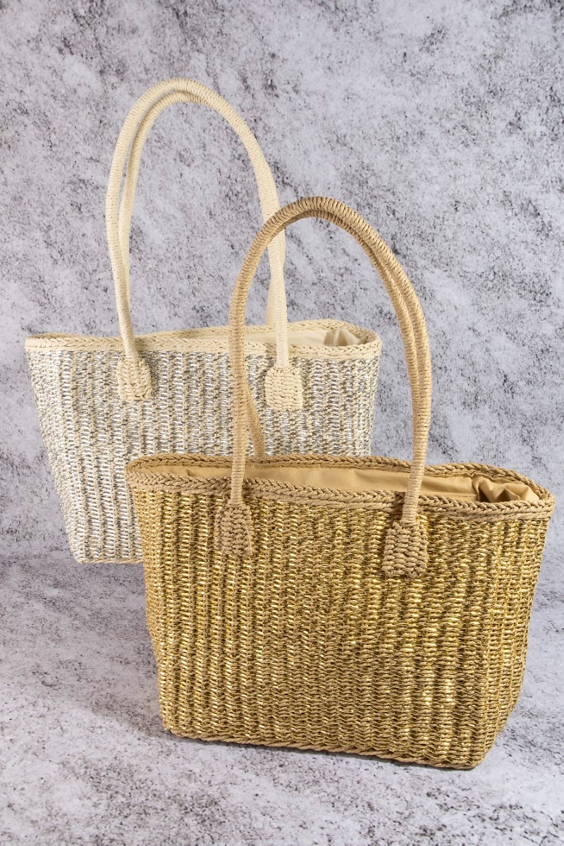 Gold Accent Straw Weave Square Tote Bag