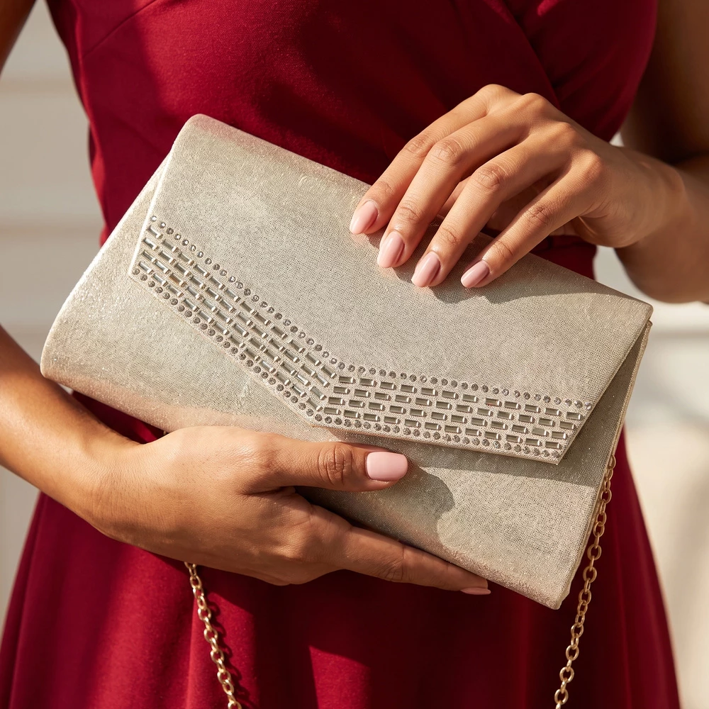 Baguette Rhinestone Trim Shimmer Envelope Clutch