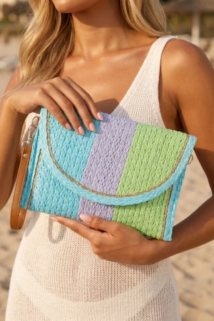 Colorblock Woven Straw Envelope Clutch