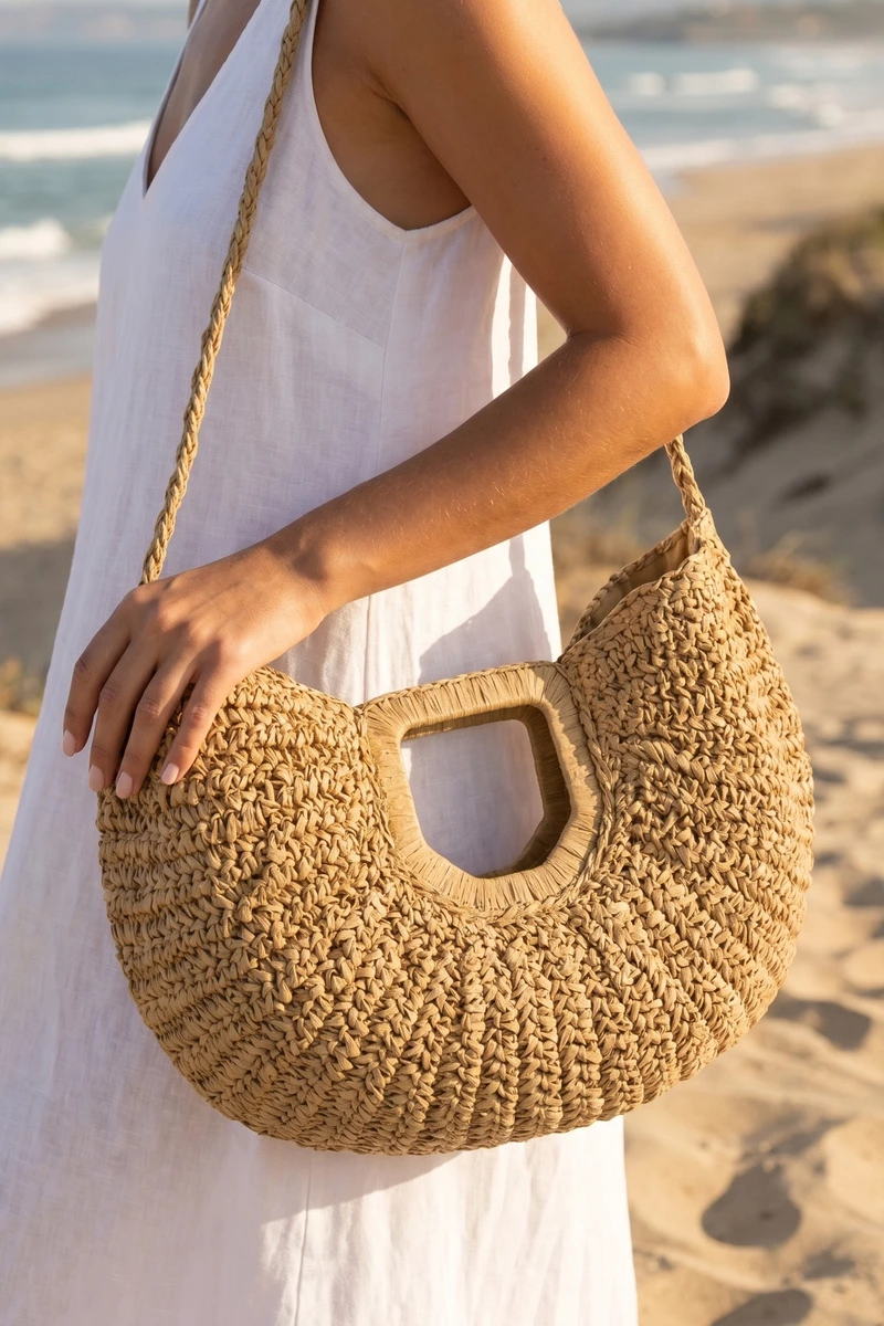 Square Handle Crochet Crescent Shoulder Bag