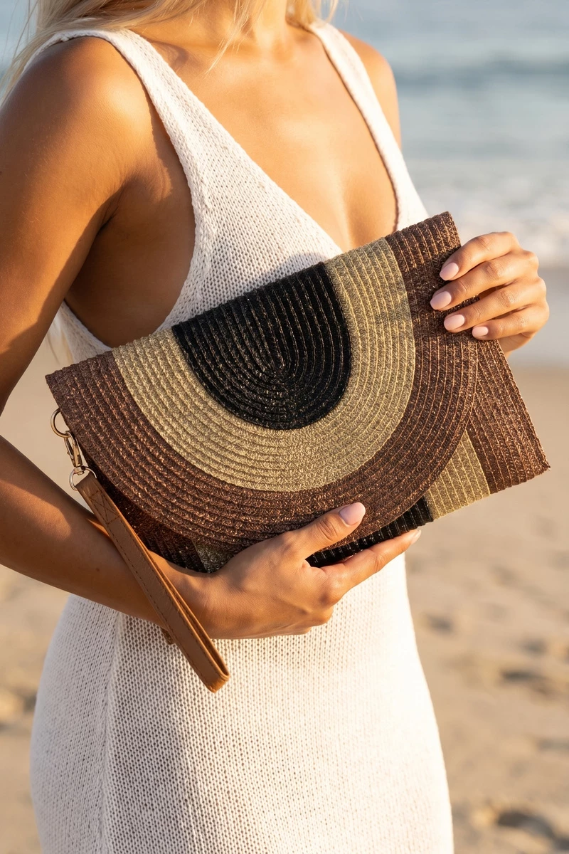 Tonal Arch Woven Straw Envelope Clutch