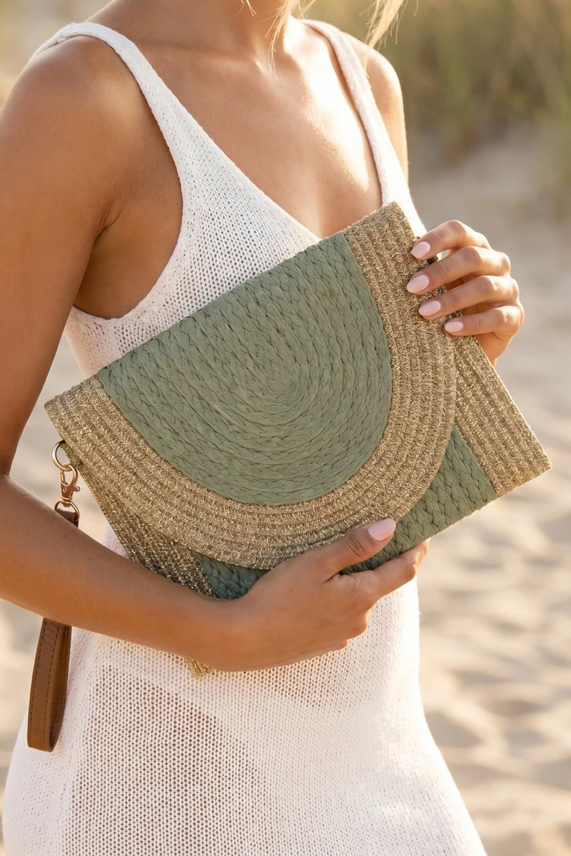 Half Moon Flap Woven Straw Clutch Bag
