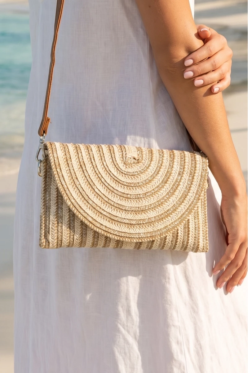 Nested Arch Metallic Straw Clutch Bag