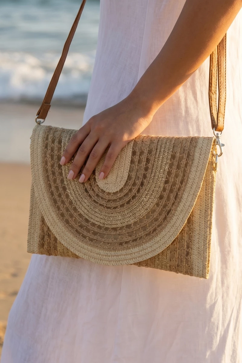Arched Woven Straw Envelope Clutch