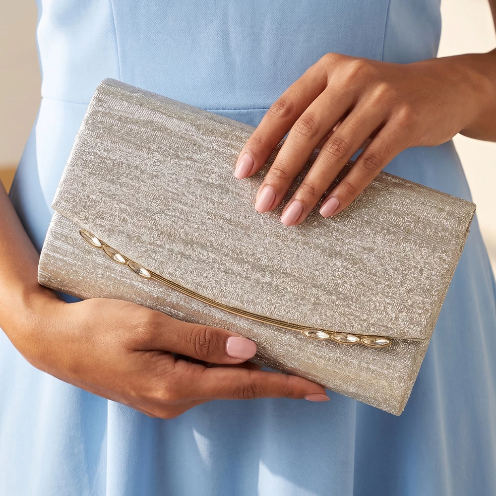 Streaked Metallic Clutch With Marquise Bar Accent
