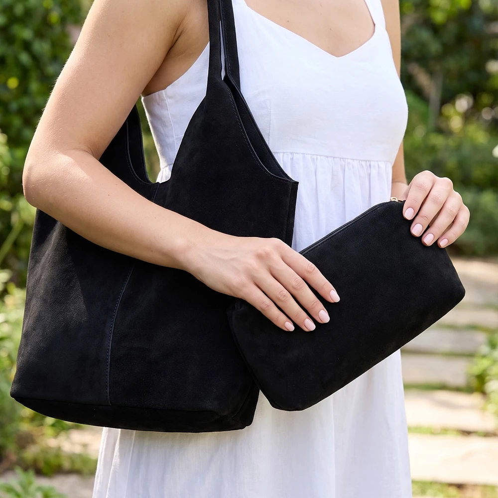 Vegan Suede Slouchy Tote Bag With Pouch