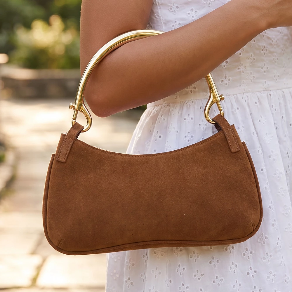 Vegan Suede Baguette Bag With Metal Handle