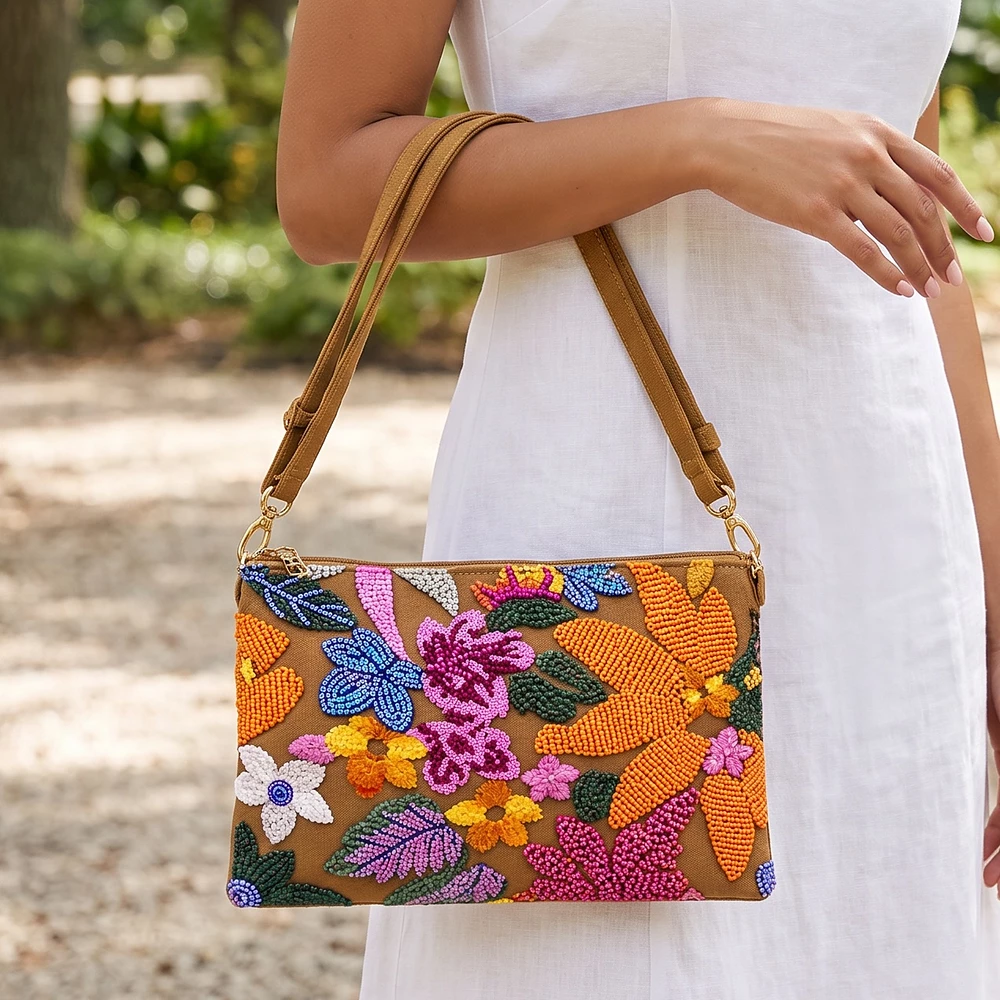 Sequin Floral Embroidered Crossbody Clutch Bag