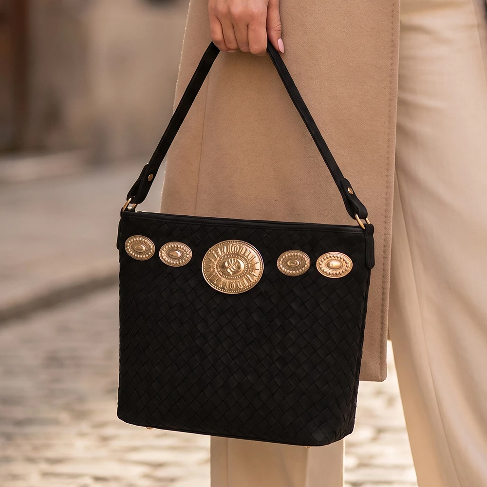 Woven Vegan Suede Concho Shoulder Bag