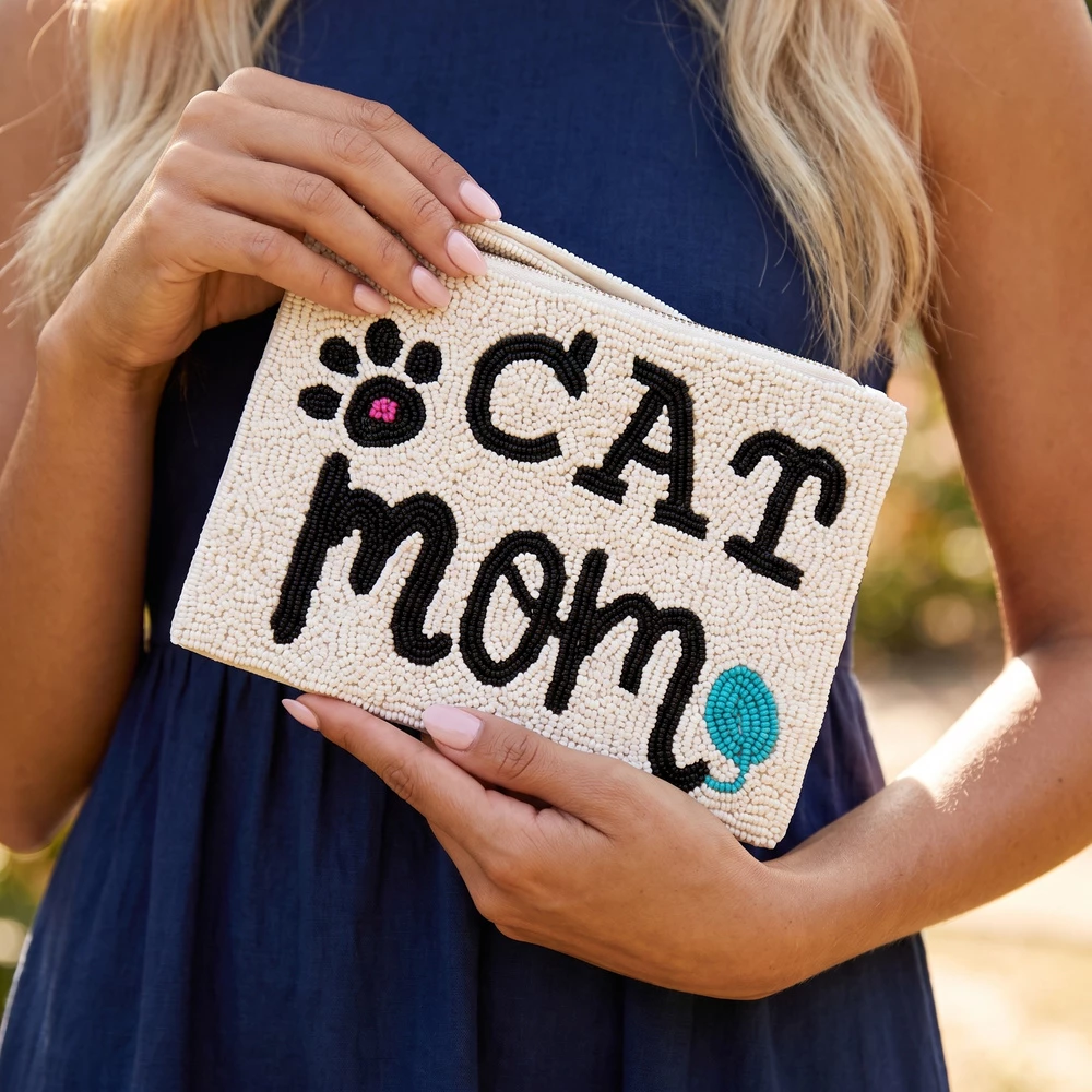 Cat Mom Beaded Zip Pouch
