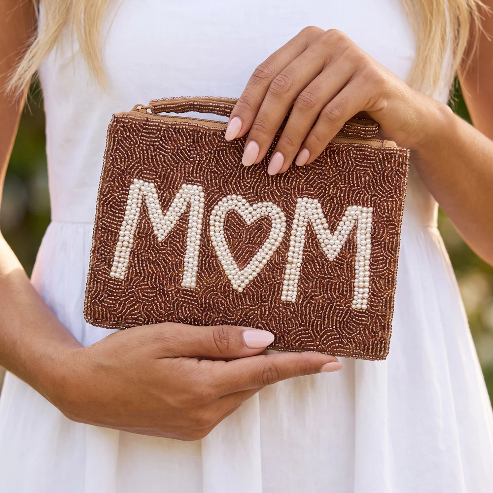 Mom Pearl Bead Script Beaded Zip Pouch
