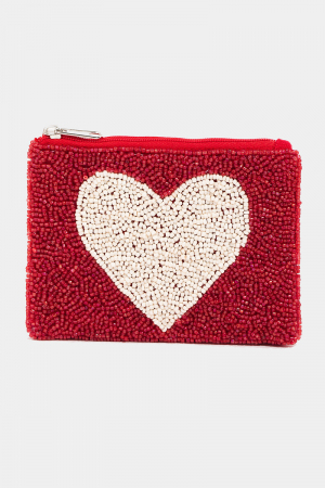 White Heart Seed Beaded Coin Purse