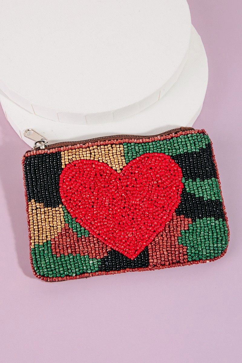 Seed Beaded Camo And Heart Coin Purse