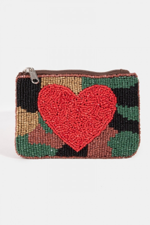 Seed Beaded Camo And Heart Coin Purse