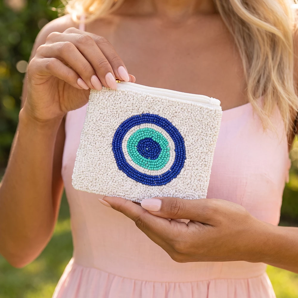 Beaded Evil Eye Zip Top Coin Pouch