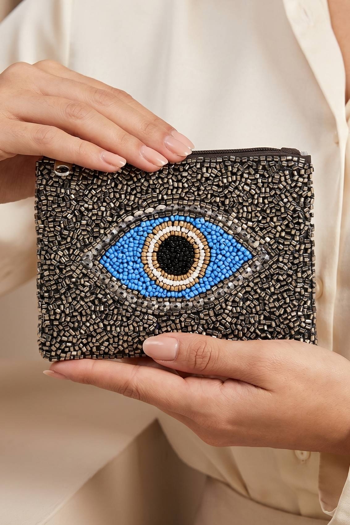 Black Evil Eye Beaded Coin Purse