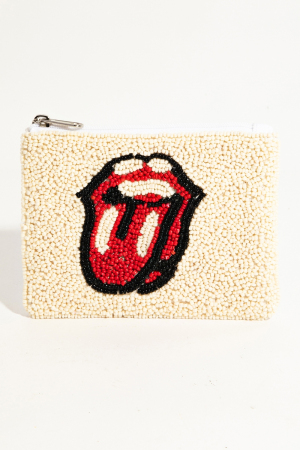 White Tongue Out Lips Beaded Coin Purse