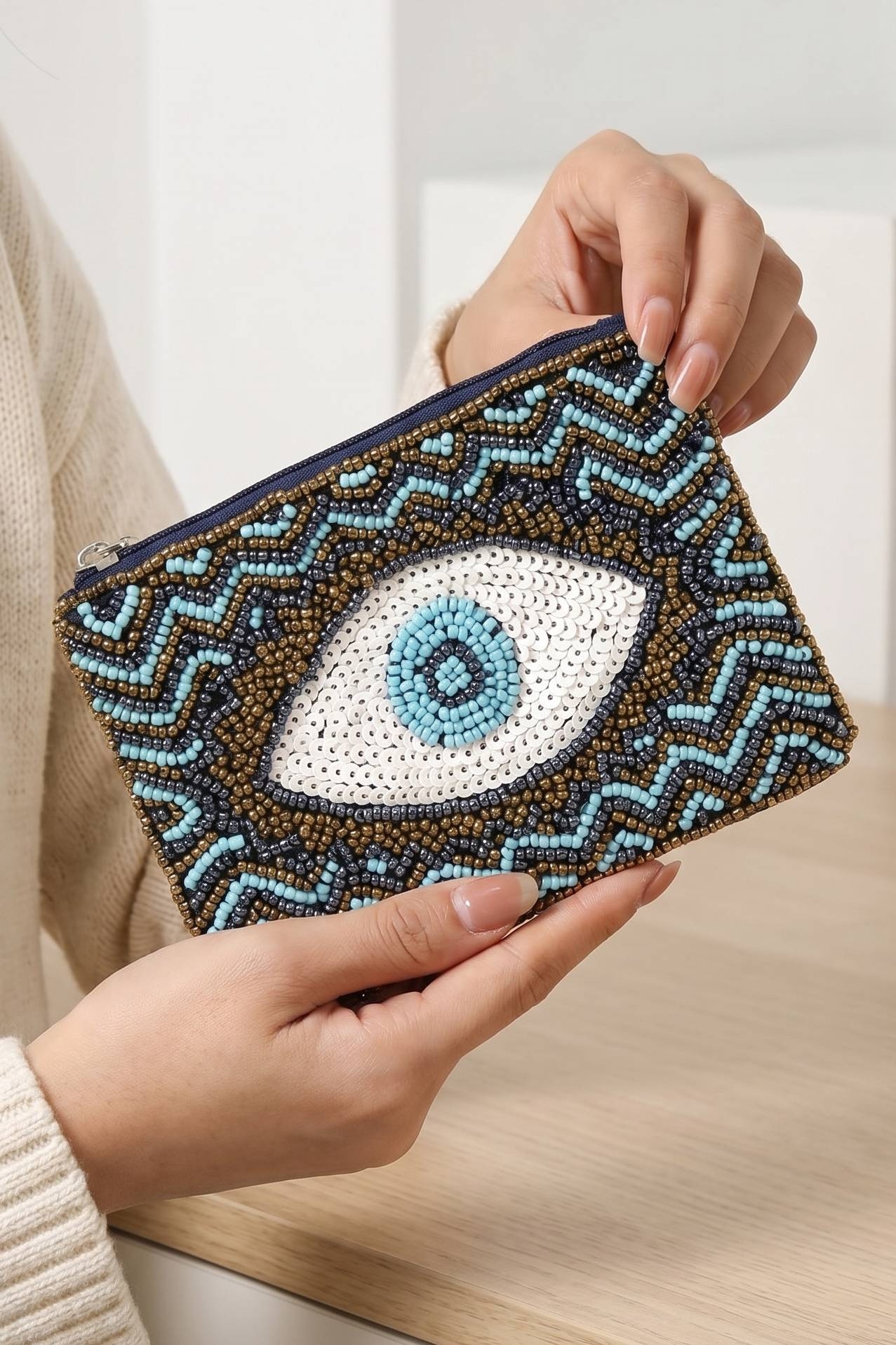 Zigzag Striped Evil Eye Beaded Coin Purse