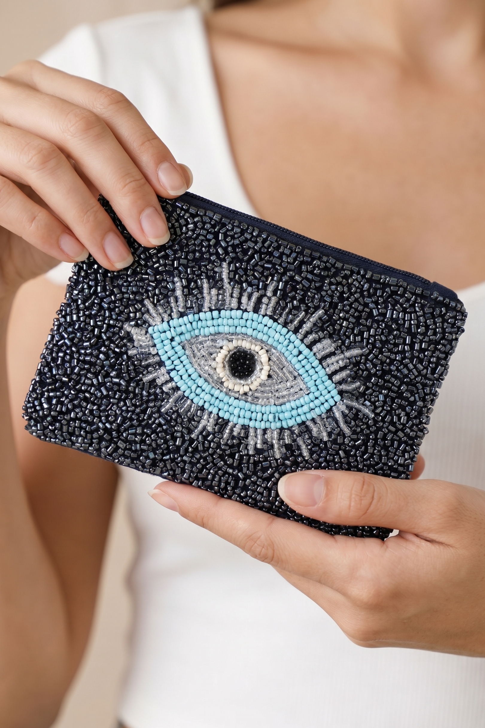 Blue Seed Beaded Evil Eye Coin Purse