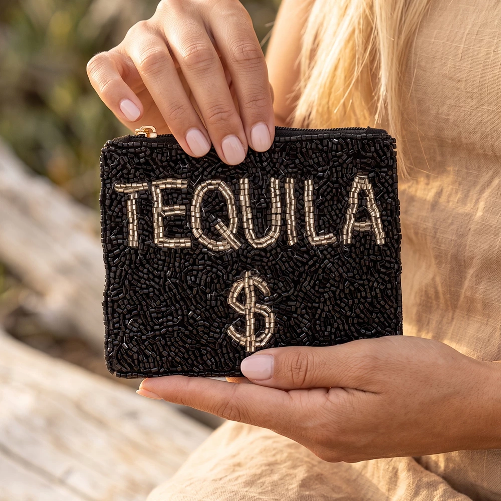Beaded Tequila Money Slogan Coin Pouch