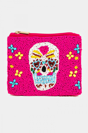 Hot Pink Day Of The Dead Beaded Coin Purse