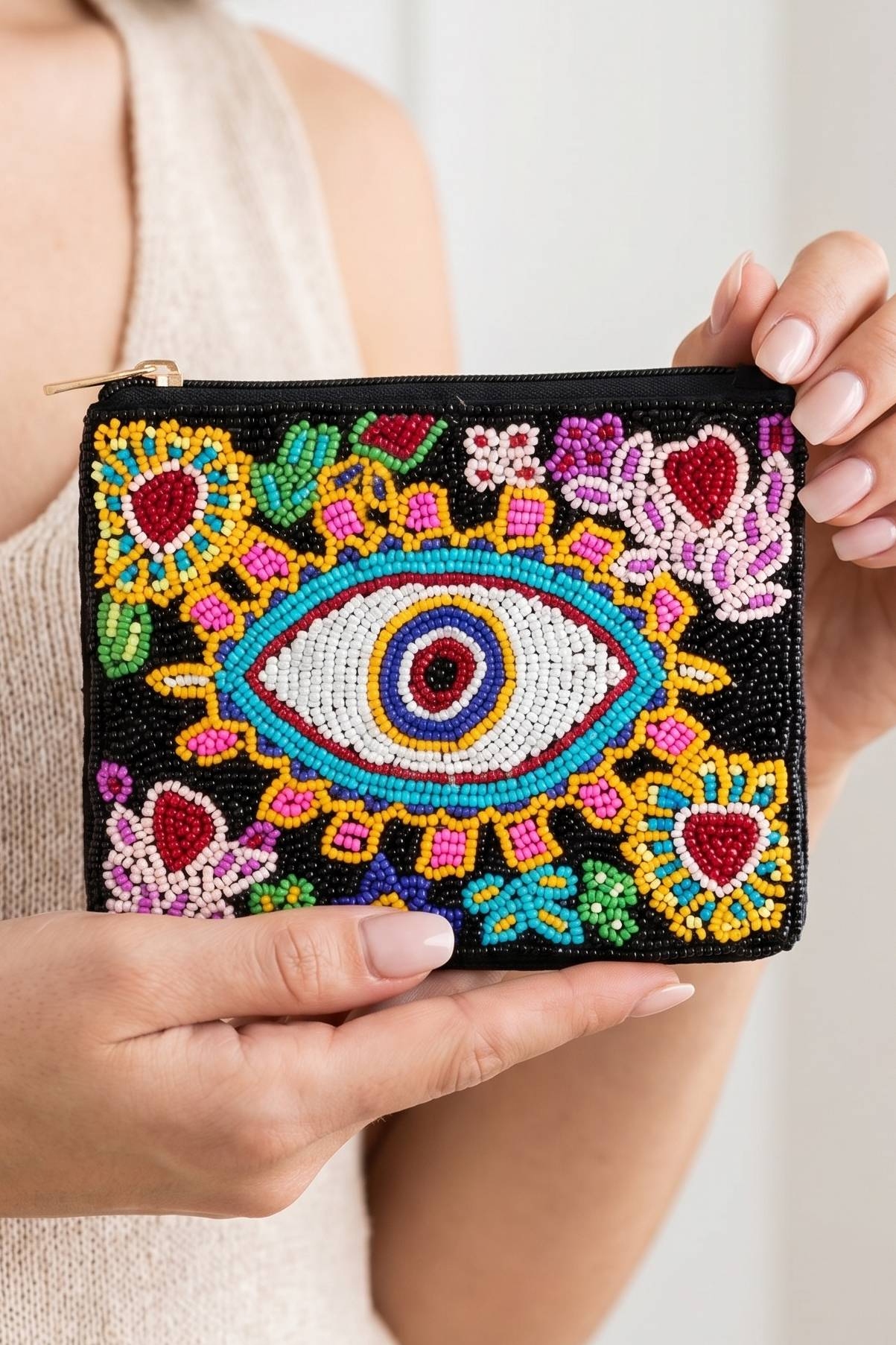 Flower Heart Evil Eye Beaded Coin Purse