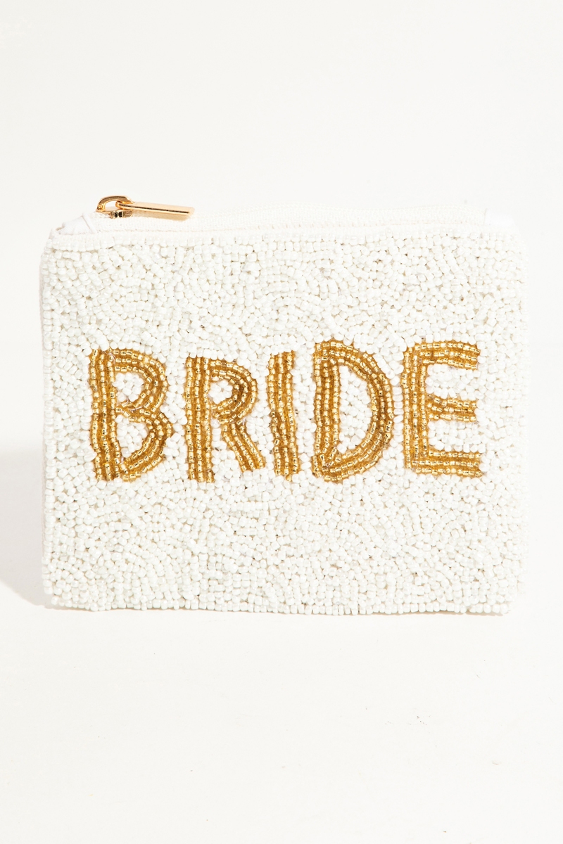 Gold Bride Print White Beaded Coin Purse