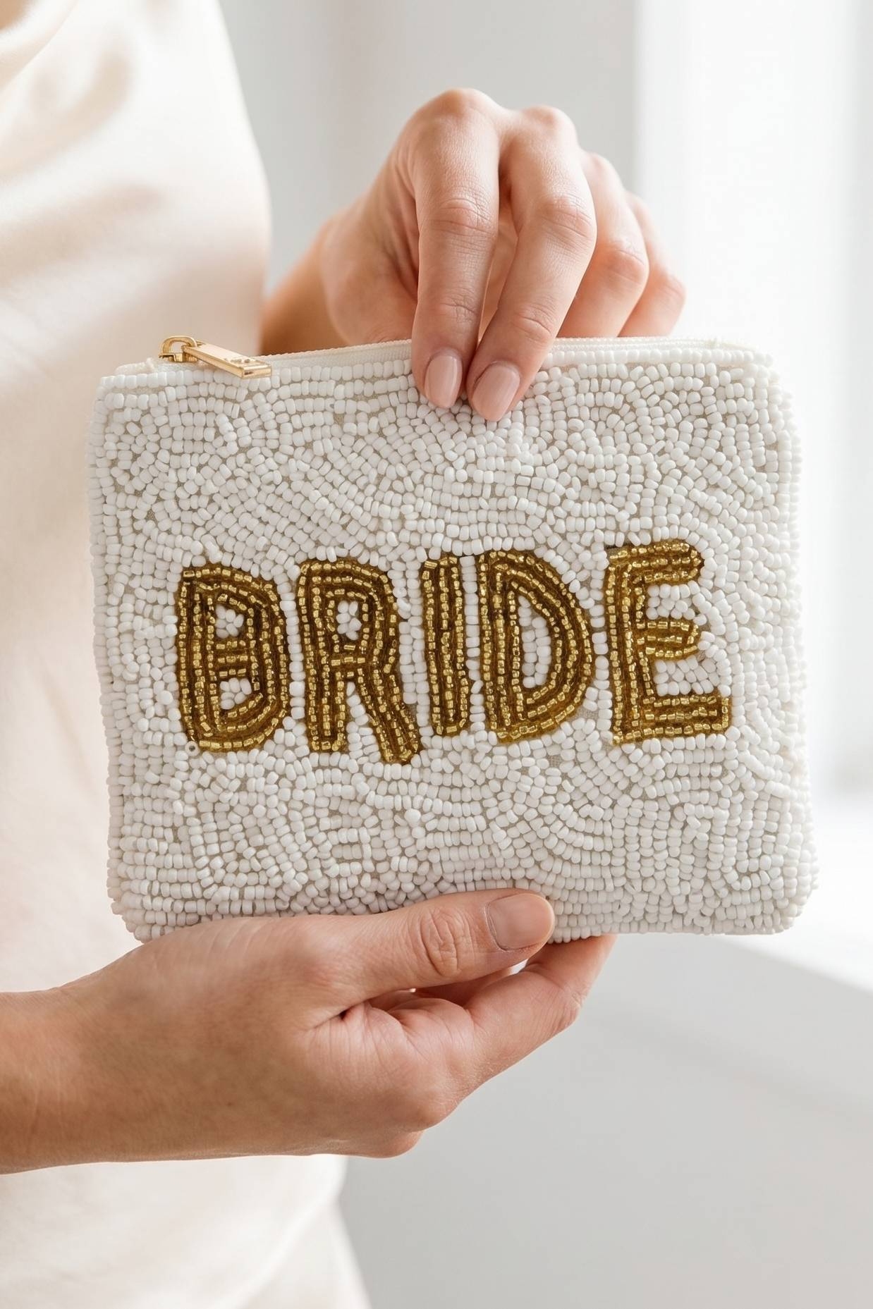 Gold Bride Print White Beaded Coin Purse