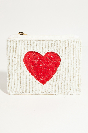 Red Heart White Beaded Coin Purse