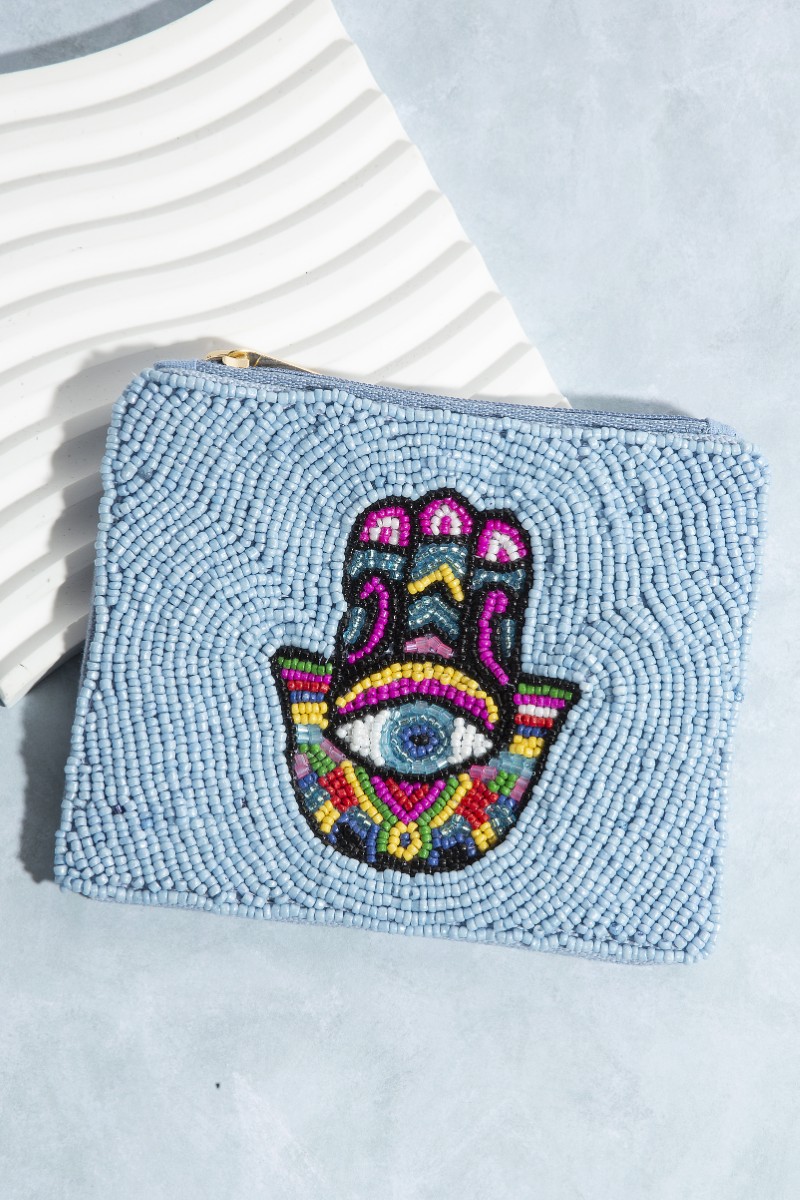 Seed Beaded Hamsa Hand Eye Coin Purse