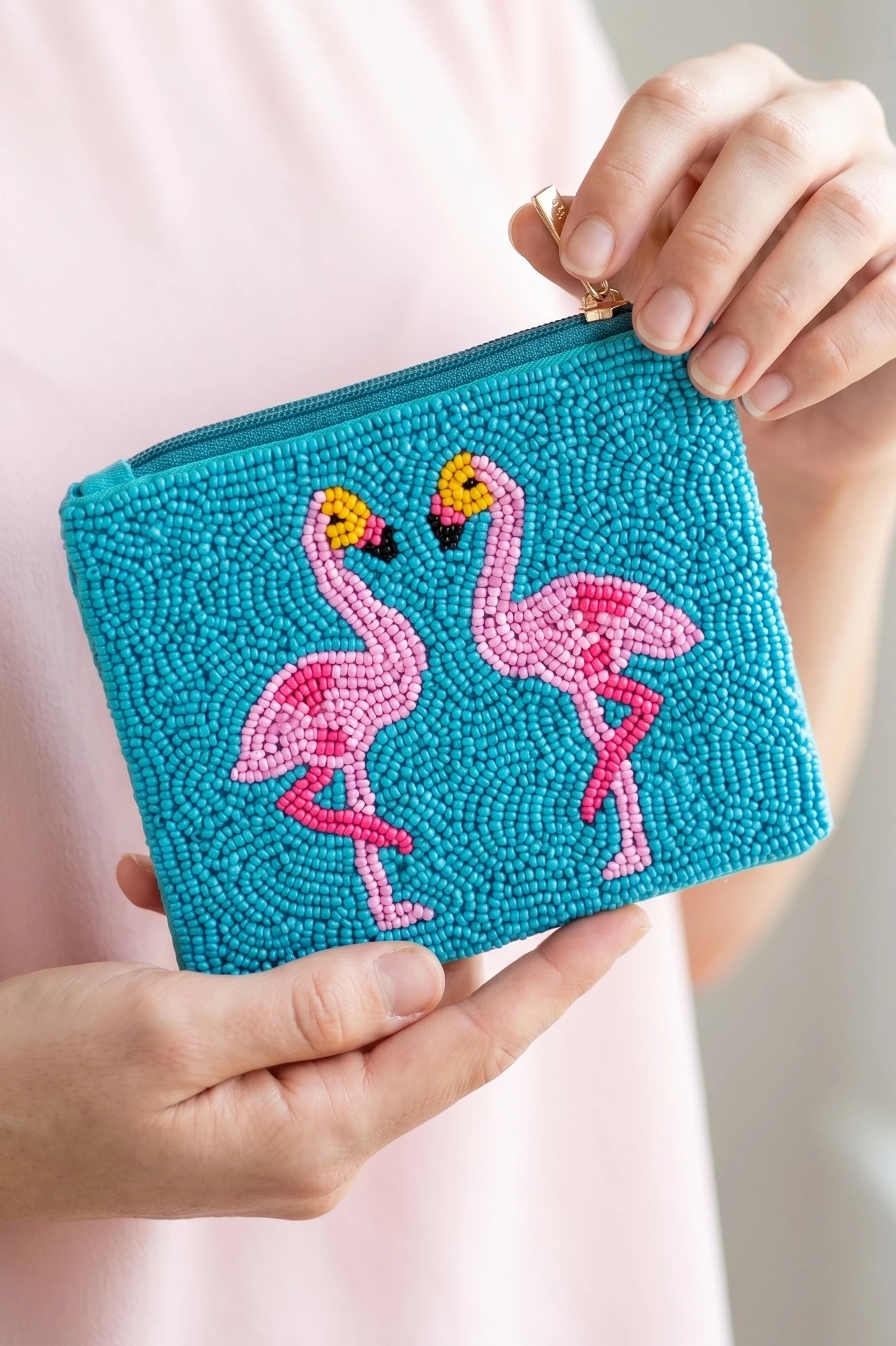 Two Flamingo Beaded Coin Purse