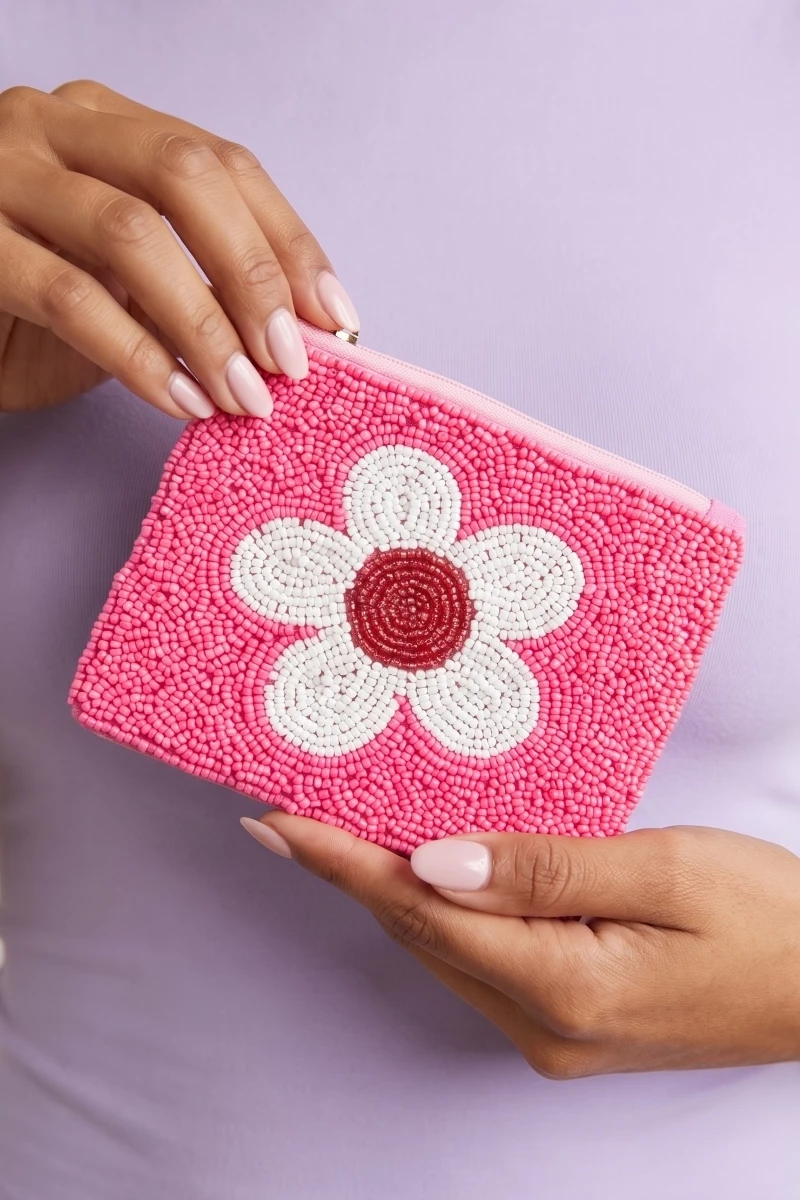 Seed Beaded Flower Coin Purse